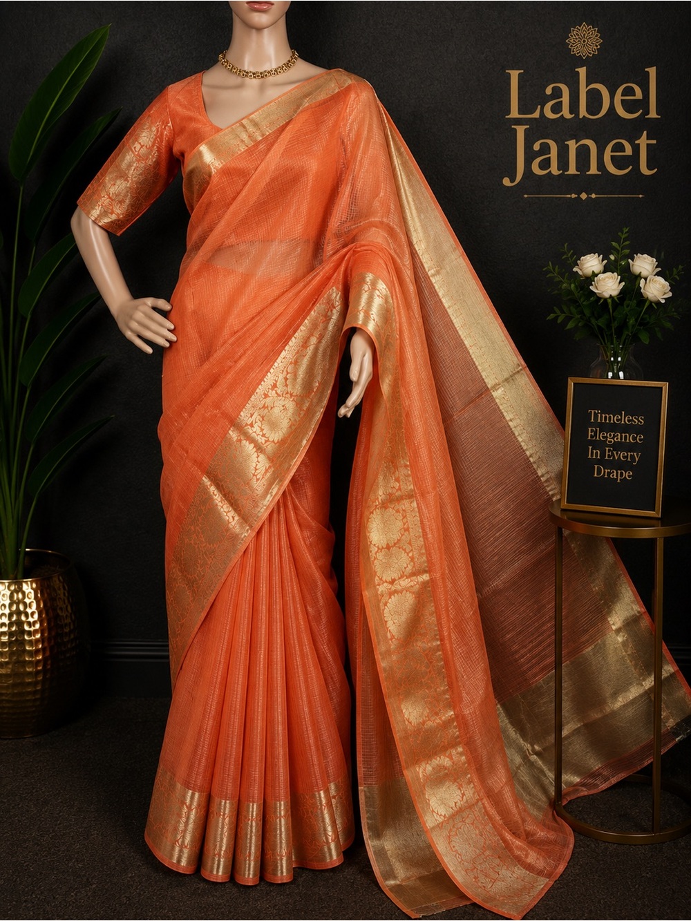 Orange tissue Silk Saree with Gold Woven Border & stitched blouse (Brand New)